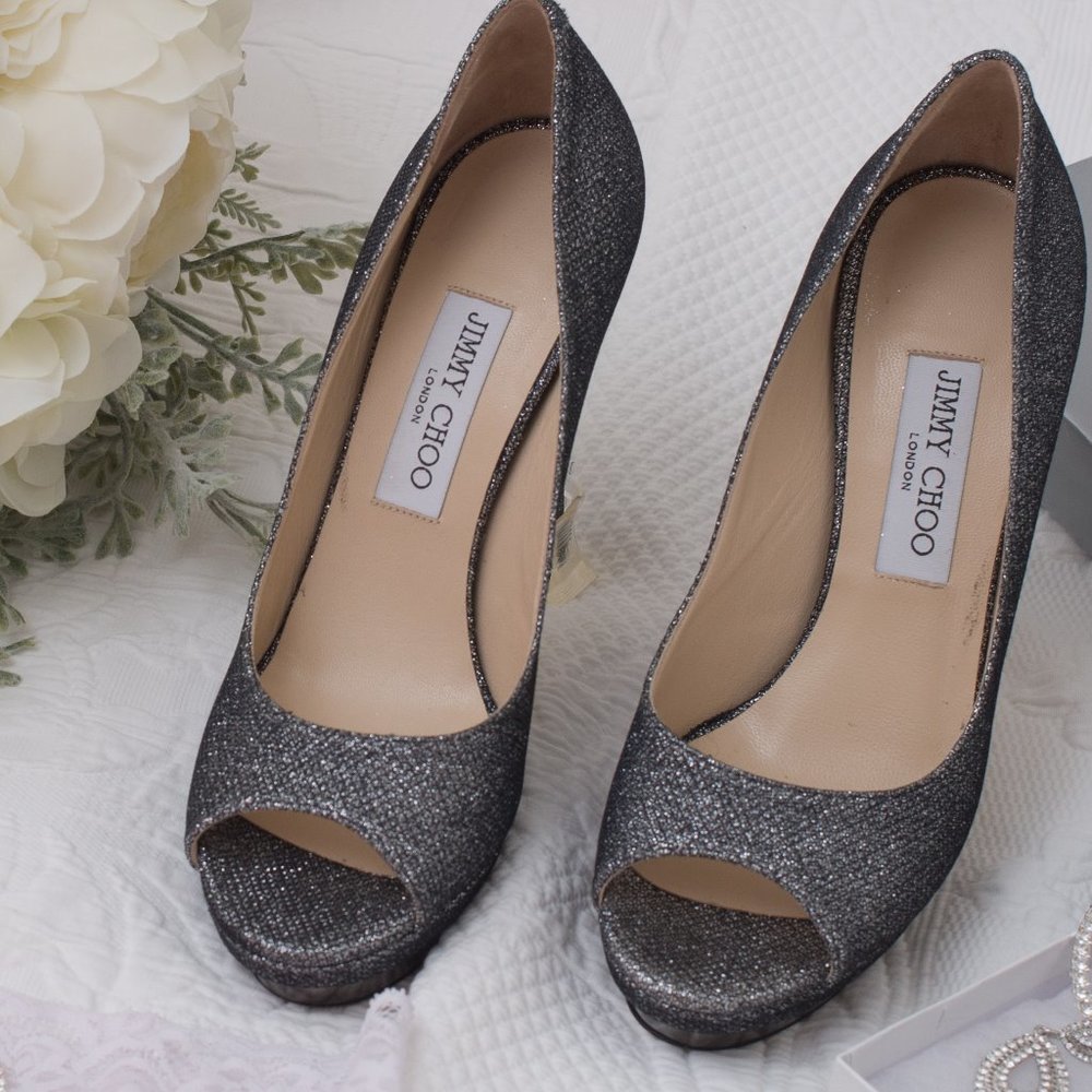Jimmy Choo Silver Metallic Glitter Open Peep Toe